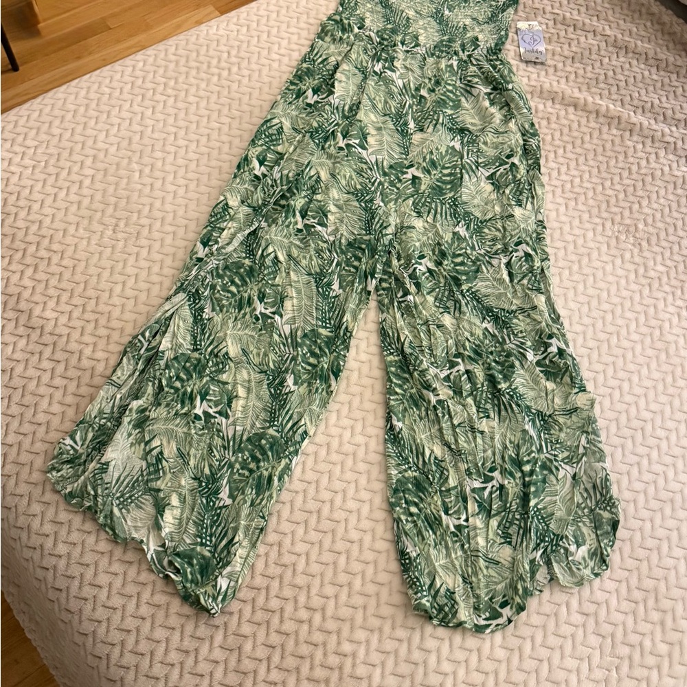Women’s Justify Strapless Jumpsuit, Green & White Bamboo Leaf Pattern, NWT, Sz M